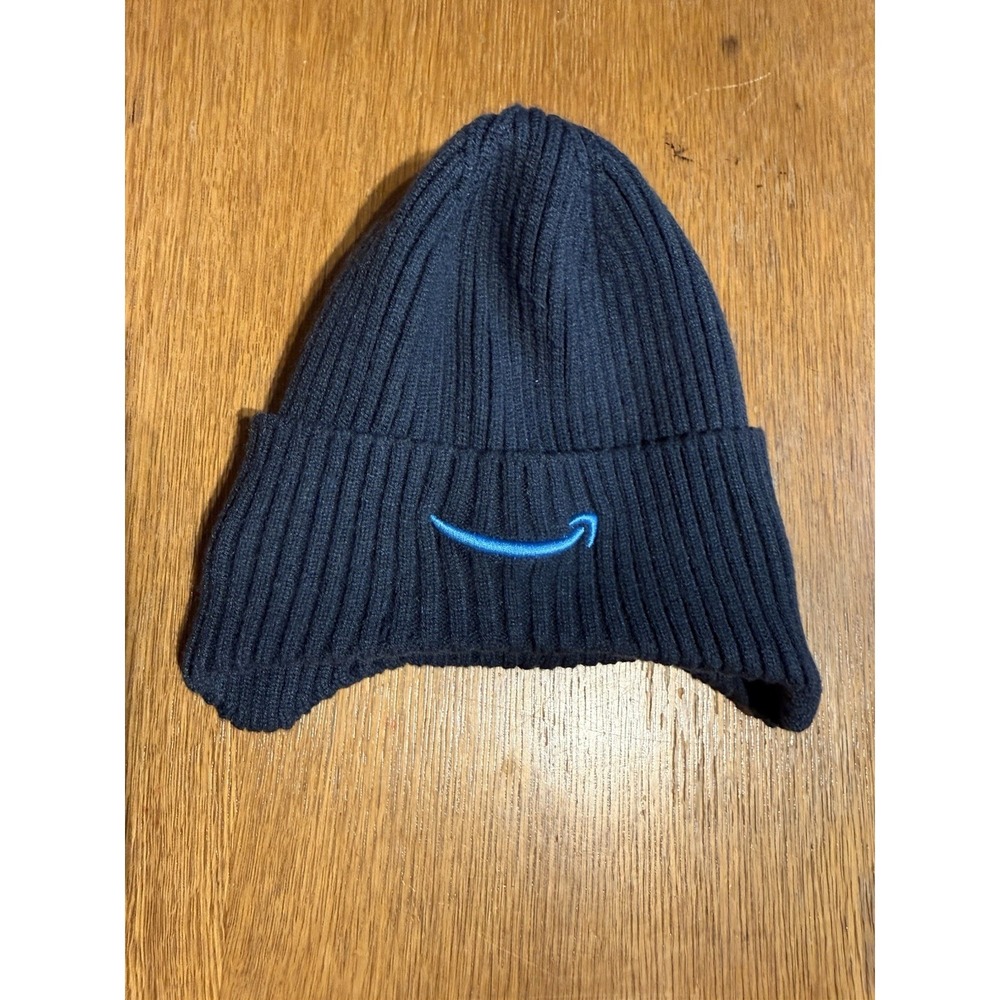 Amazon Smile Fleece Lined Ear Flap Beanie Hat Black Winter Cap OSFM